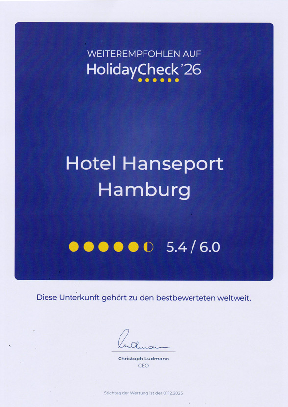 Hotel Hanseport mit der Auszeichnung April 2026 eines der bestbewertesten Hotels Deutschlands von Holiday Check